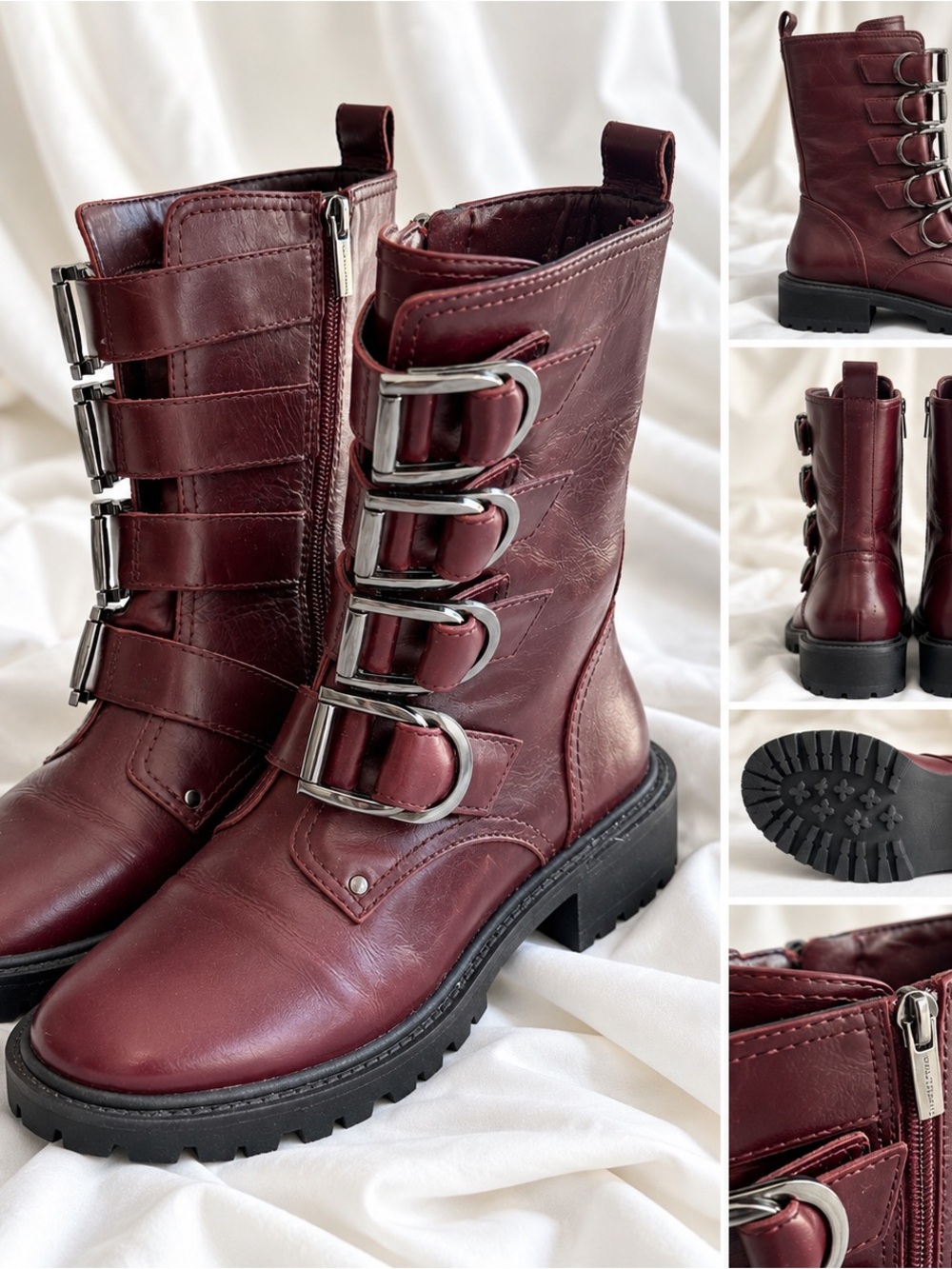 Burgundy Buckle Combat Boots - Women
